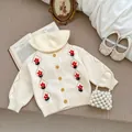 Knitted baby set in cream white with red floral embroidery and wooden buttons - 66CM / Beige Cardigan