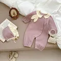Infant long sleeve bodysuit in purple ribbed fabric with lace collar and matching hat - 66cm / Purple