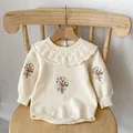 Knitted off-white baby romper with ruffled collar, flower embroidery and blue bows - 66cm / White Apricot