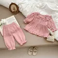 Pink infant girl cherry pajamas set with long sleeves and ruffled Peter Pan collar - 100cm / Pink