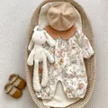 Detail of infant long sleeve jumpsuit with forest animal prints, beret and leather shoes - Size 66 / Forest Animal Print Romper