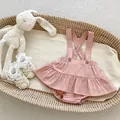 Pink cotton linen baby romper dress with cross-back straps and ruffle trim details - Pink Overalls (A-1) / 73cm