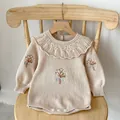 Beige knit baby romper with ruffled collar and floral embroidery detail - 66cm / Flesh Pink