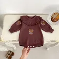 Dark purple knitted baby romper with ruffled collar and colorful floral embroidery - 73cm / Korean Style Purple