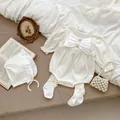 Creamy cotton rib infant romper with large bow, matching sun hat and bow socks set - White / 66cm