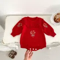 Red knit baby romper with ruffle collar and floral embroidery shown in flat lay - 73cm / Red