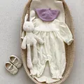 Infant floral cotton romper set with purple knit beret and bow shoes in beige - 66 / Purple Floral