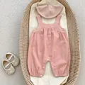 Pink baby romper set with floral embroidery, matching knit hat and cream bow shoes - 73 / Pink Embroidered Suspender Romper (Includes Beret And Shoes)
