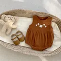 Brown corduroy baby romper with flower embroidery and matching shoes in a cradle - Embroidered Suspender (Brown) / 73cm