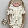 Floral baby bodysuit in beige with lace details and elastic ruffled cuffs for infants - 66 / Pink Floral