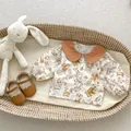 Infant long sleeve romper with forest animal print and orange Peter Pan collar - Size 66 / Forest Animal Print Shirt