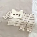Pyjama rayé pour bébé beige avec bavoir ourson et pantalon long assorti en coton - 100cm / Rayé Noir
