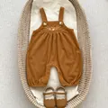 Brown corduroy baby romper with deer embroidery and matching faux leather shoes set - Size 66 / Deer Embroidery Suspender Pants