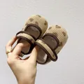 Brown corduroy baby Mary Jane shoes with dark heart patterns and velcro strap - S (Inner Length 11cm) / Brown