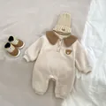 Infant winter 3-piece set with beige bear jumpsuit, knit hat and matching baby shoes - 80 / Apricot
