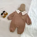 Brown fleece baby bodysuit set with bear embroidery, matching hat and canvas shoes - 66 / Brown
