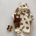 Sherpa baby hooded jumpsuit with brown bear print in off-white plush fleece fabric - 66 / Bear Romper