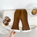 Girls brown ribbed flare trousers with plush white faux fur trim and elastic waist - 66 / Brown