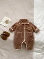 Warm brown baby fleece romper with cute bear patch and soft white collar detail - Brown / 66cm