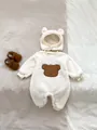 Baby fleece romper set with bear ears hat and booties in white and brown soft fabric - 73cm / Top And Bottom / Off White