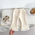 Winter fleece toddler flared pants in cream white with decorative faux fur trim at hem - 66 / Beige Apricot