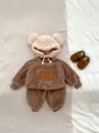 Winter infant polar fleece two-piece set featuring cute bear pattern and thick warm fabric - 73cm / Brown