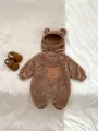Winter brown fleece baby romper set with bear patch, hood, and matching plush shoes - 66cm / Top And Bottom / Brown