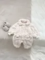 Baby cream plush romper with cute bear pockets and matching soft winter fleece booties - 66cm / Beige Apricot