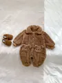 Brown fleece baby romper with bear pocket and matching soft shoes for winter warmth - 66cm / Brown
