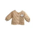 Infant winter quilted jacket in khaki with heart texture and cute bear embroidery - Khaki Bear Coat / 73cm