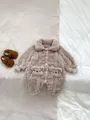 Winter fleece baby romper with bear pockets and matching plush shoes in beige - 66cm / Light Khaki