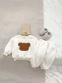 Winter white fleece baby jumpsuit set with cute brown cartoon bear embroidery - 73cm / Top And Bottom / Off-White Set
