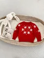 Red knit baby romper with white floral embroidery and 3D pompoms in a woven basket - 66cm / Tops
