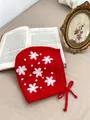 Red knit baby bonnet with white floral embroidery and ties for infants - One Size / Hat