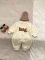 Cream white baby long sleeve romper with brown hug embroidery and ribbed cuffs - Jumpsuits / 90cm / Apricot
