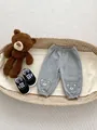 Gray waffle knit toddler pants with cute bear embroidery and elastic waistband - 120cm / Grey Bear