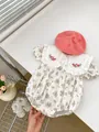 Barboteuse fleurie pour bébé fille avec col brodé, béret rose et chaussures dentelle - 66 / Imprimé Fleuri Crème