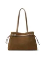 Dark brown suede leather tote bag with silver buckles and sleek minimalist shoulder straps - Brown