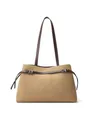 Retro khaki suede tote bag with brown straps and silver buckle detail on white background - Apricot