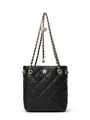 Quilted black leather crossbody bag with gold chain and camellia floral ornament - Black