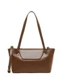 Minimalist dark brown crossbody bag in smooth leather with twin gold metal studs - Khaki