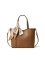 Borsa tote in pelle marrone con texture litchi e foulard di seta decorativo - Marrone
