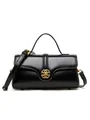 Elegant black leather top handle bag with a designer gold circular buckle and strap - Black