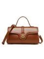 Brown vintage leather handbag with a gold geometric clasp and adjustable shoulder strap - Brown