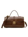 Dark brown leather top handle crossbody bag with vintage gold geometric clasp - Coffee