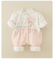 Detail of pink floral baby romper with Chinese retro style bow and quilted cotton fabric - 80cm / Pink
