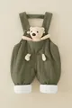 Dark green waffle texture baby overalls with cute brown plush bear accessory - 66 / Green