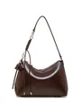 Dark brown leather crescent shoulder bag with silver chain strap and tassel detail - Wine Coffee