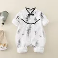 Infant girl romper with Chinese ink bamboo print and elegant black frog buttons - 66 / Ink White