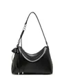 Black leather pillow shoulder bag with silver chain strap and fringe details - Black